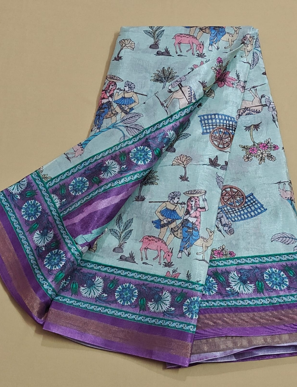 Elegant Pastel Blue Digital Print Saree with Traditional Village Art Print