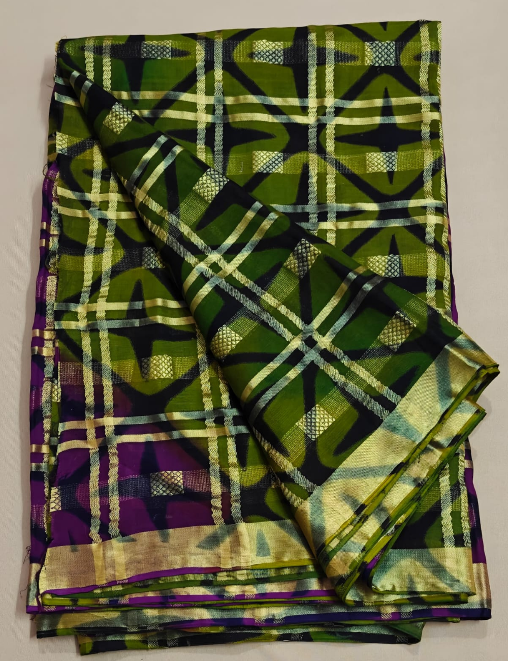 Green and Purple Geometric Checkered Sari