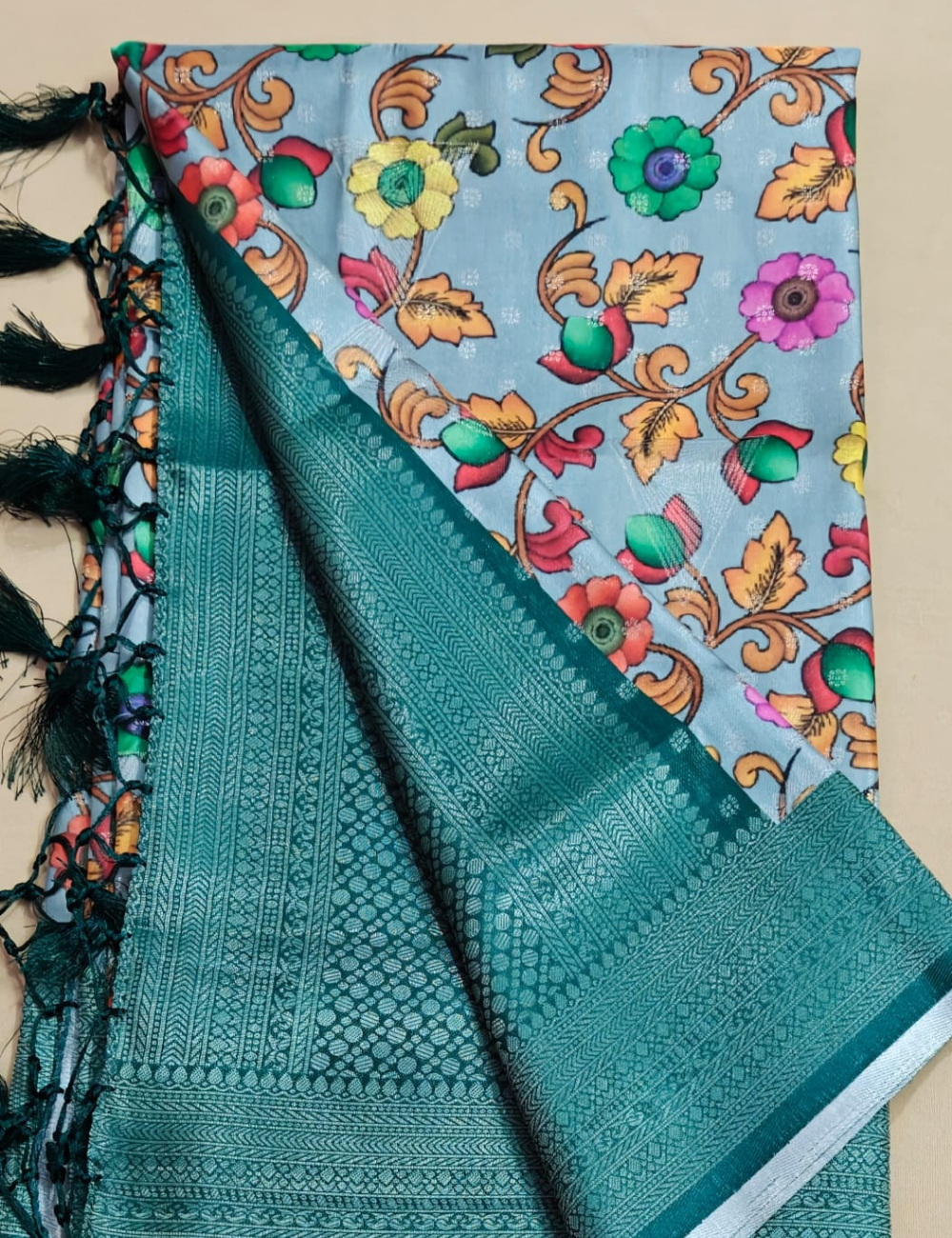 Elegant Teal Border Floral Print Tissue Silk Saree