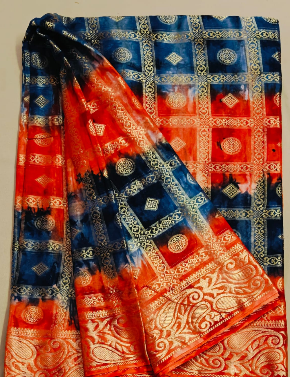 Blue and Red Multi-Tone Grid Zari Saree