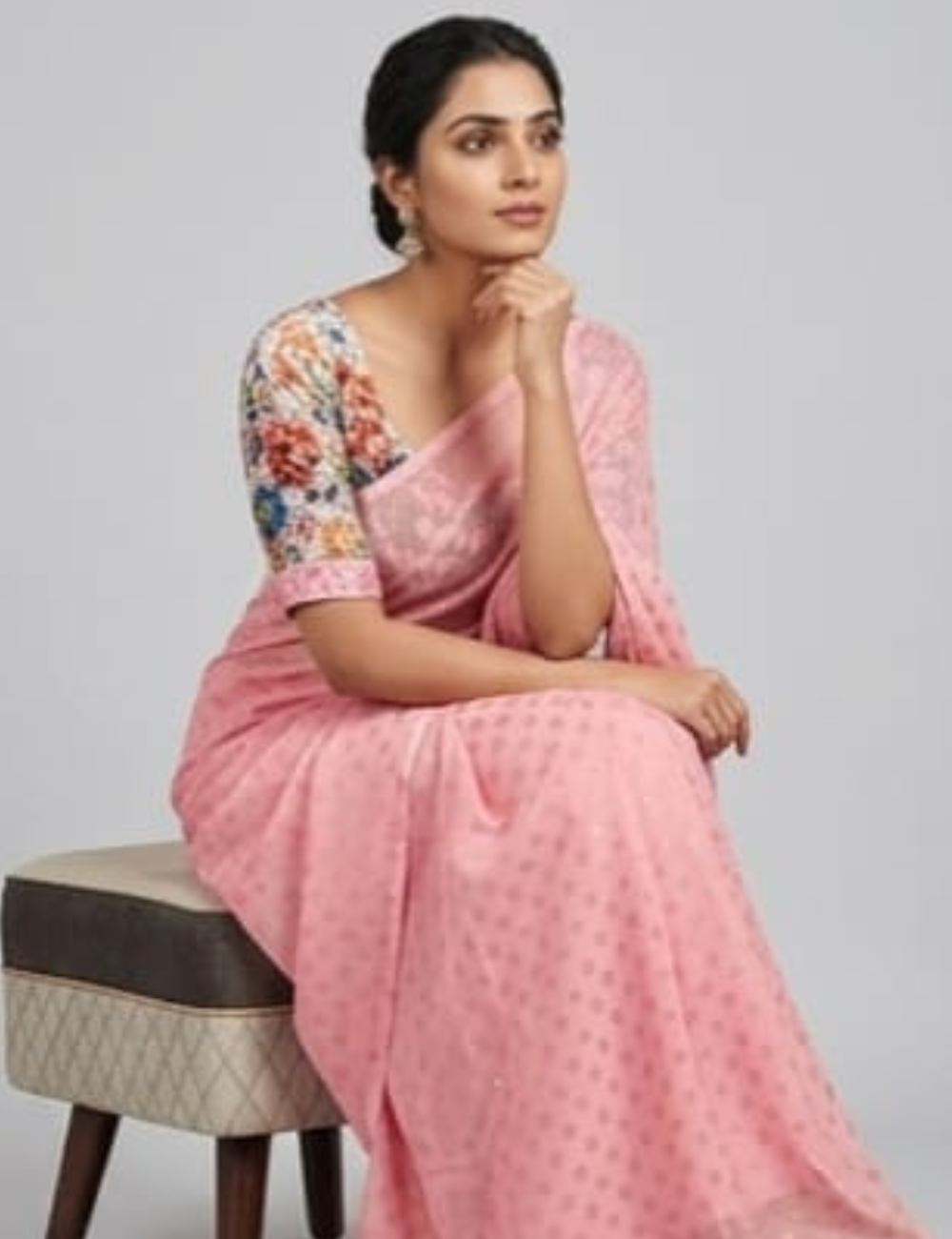 Charming Pink Saree with Floral Designer Blouse