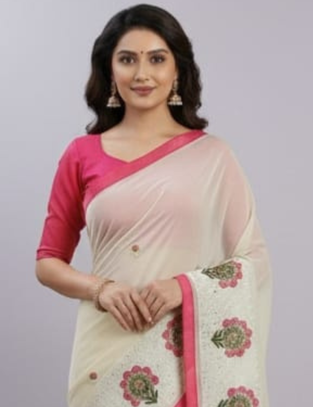 Elegant Cream Saree with Pink Floral Embroidery