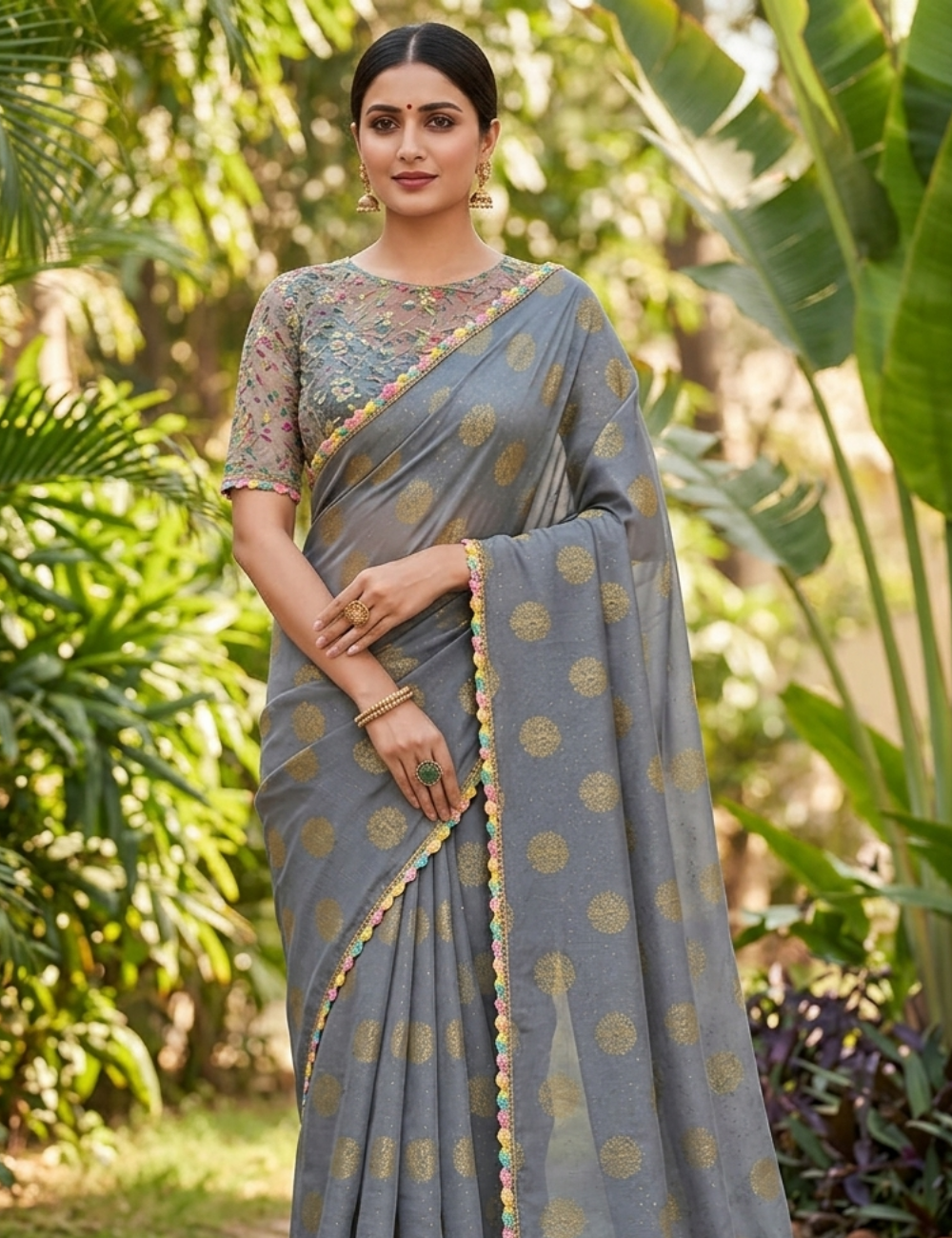 Grey Color Fancy Saree with Elegant Gold Prints & Multicolor Crochet Lace Border