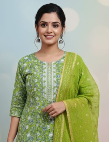 Elegant Green Floral Kurta Set with Dupatta