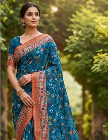 Teal Blue Botanical Digital Print Saree with Geometric Border & Running Blouse