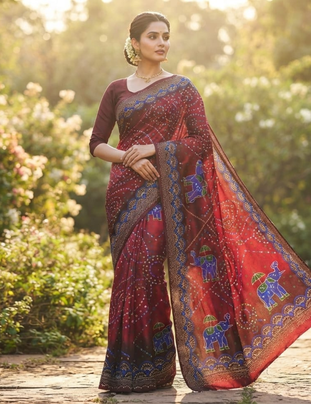 Traditional Maroon Bandhani Print Cotton Saree with Elephant Motifs