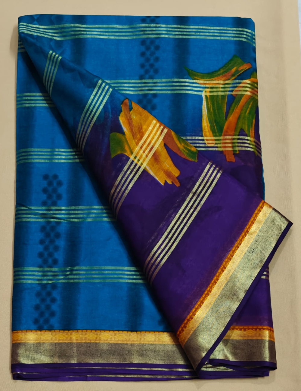 Blue and Purple Cotton Sari with Metallic Stripes and Floral Motifs