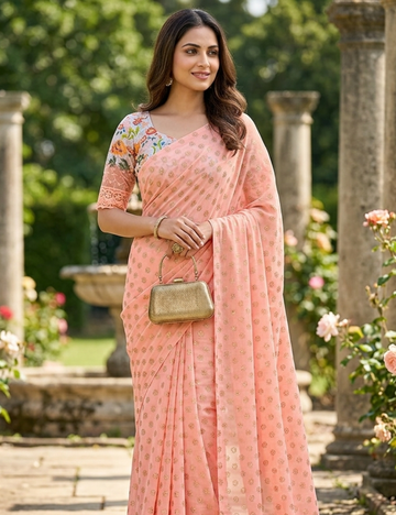 Elegant Peach Saree with Floral Printed Blouse