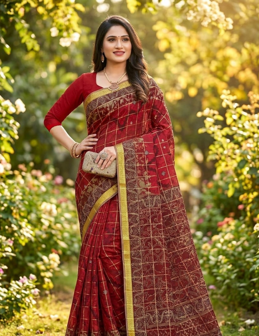Crimson Gold Checkered Cotton Saree