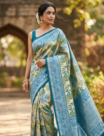 Elegant Teal and Gold Floral Art Silk Saree