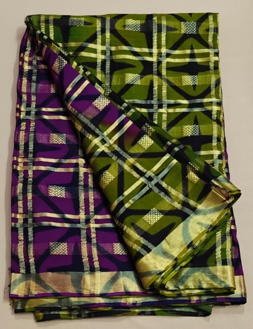 Green and Purple Geometric Checkered Sari