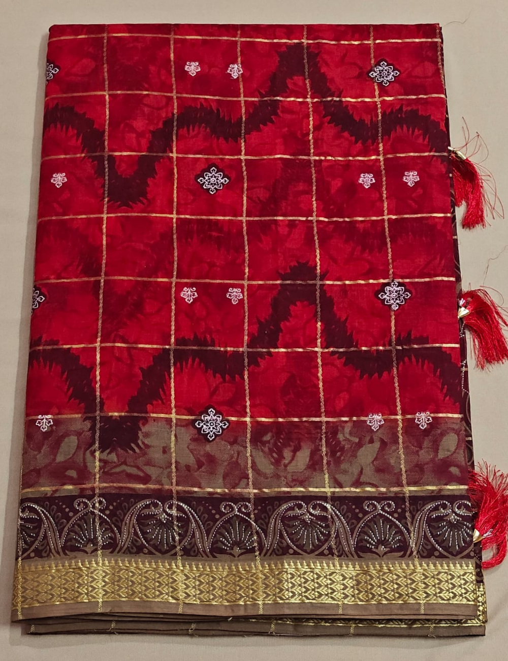 Crimson Gold Checkered Cotton Saree
