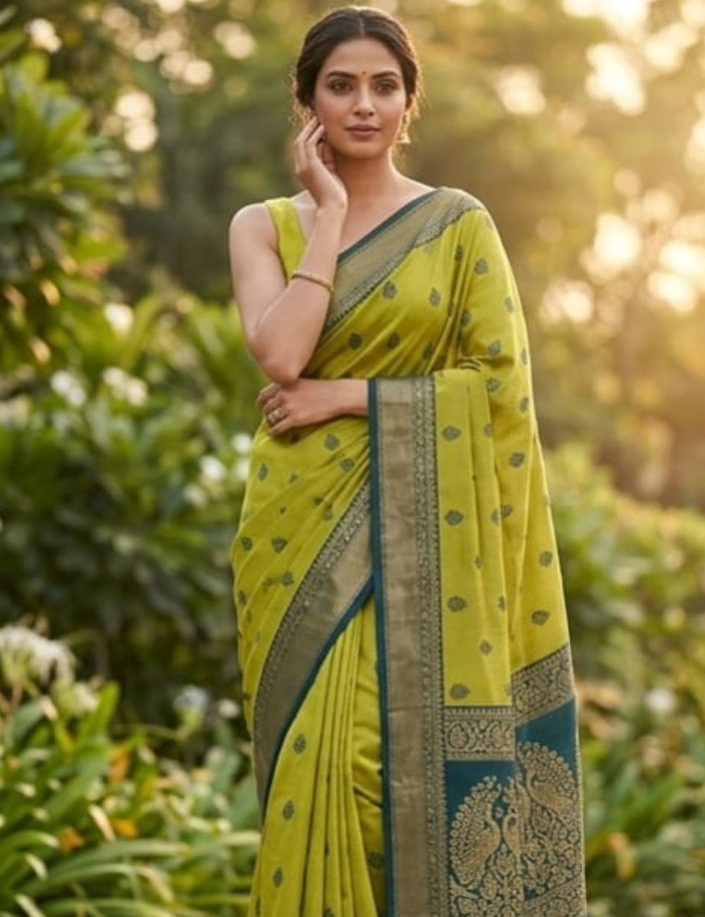 Olive Green & Deep Teal Cotton Saree with Zari Butis and Traditional Paisley Pallu