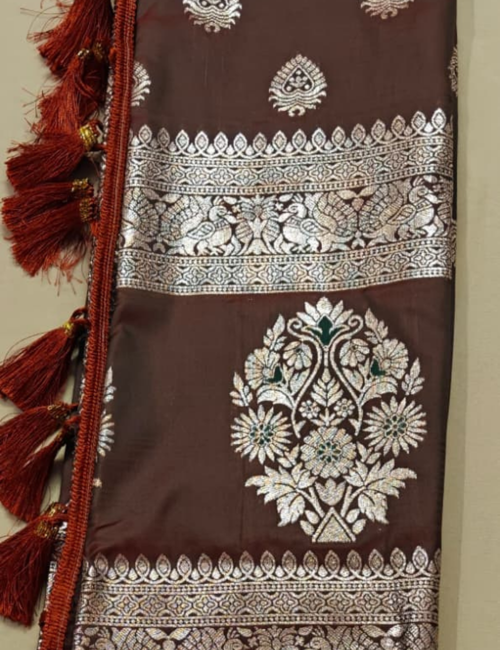 Brown and Golden Floral Woven Zari Sari