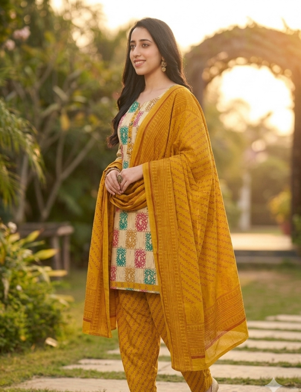 Vibrant Mustard Geometric Patiala Kurta Suit