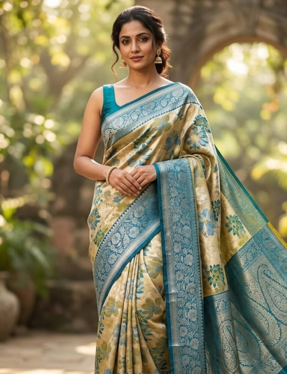 Elegant Teal and Gold Floral Art Silk Saree