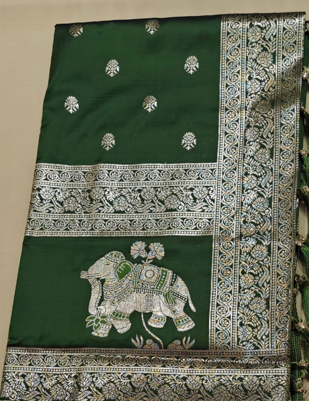 Dark Green and Golden Zari Elephant Motif Sari