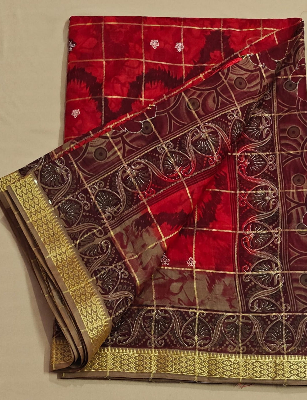 Crimson Gold Checkered Cotton Saree
