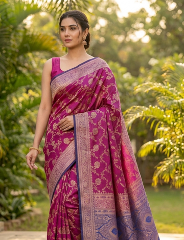 Magenta Silk Blend Saree with Antique Gold Floral Weaving & Royal Blue Contrast Border