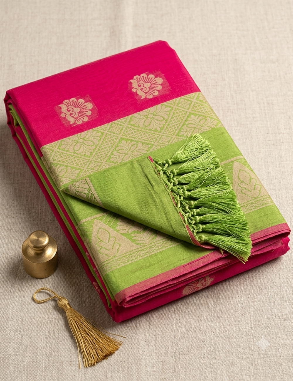 Green and Red Cotton Saree with leaf Border