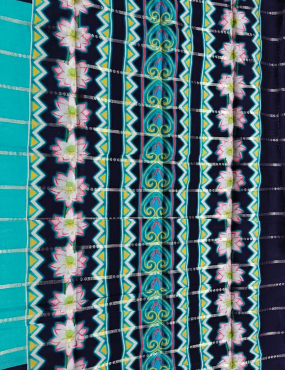 Turquoise Blue and Dark Blue Dual-Tone Zari Striped Mysore Soft Silk Sari