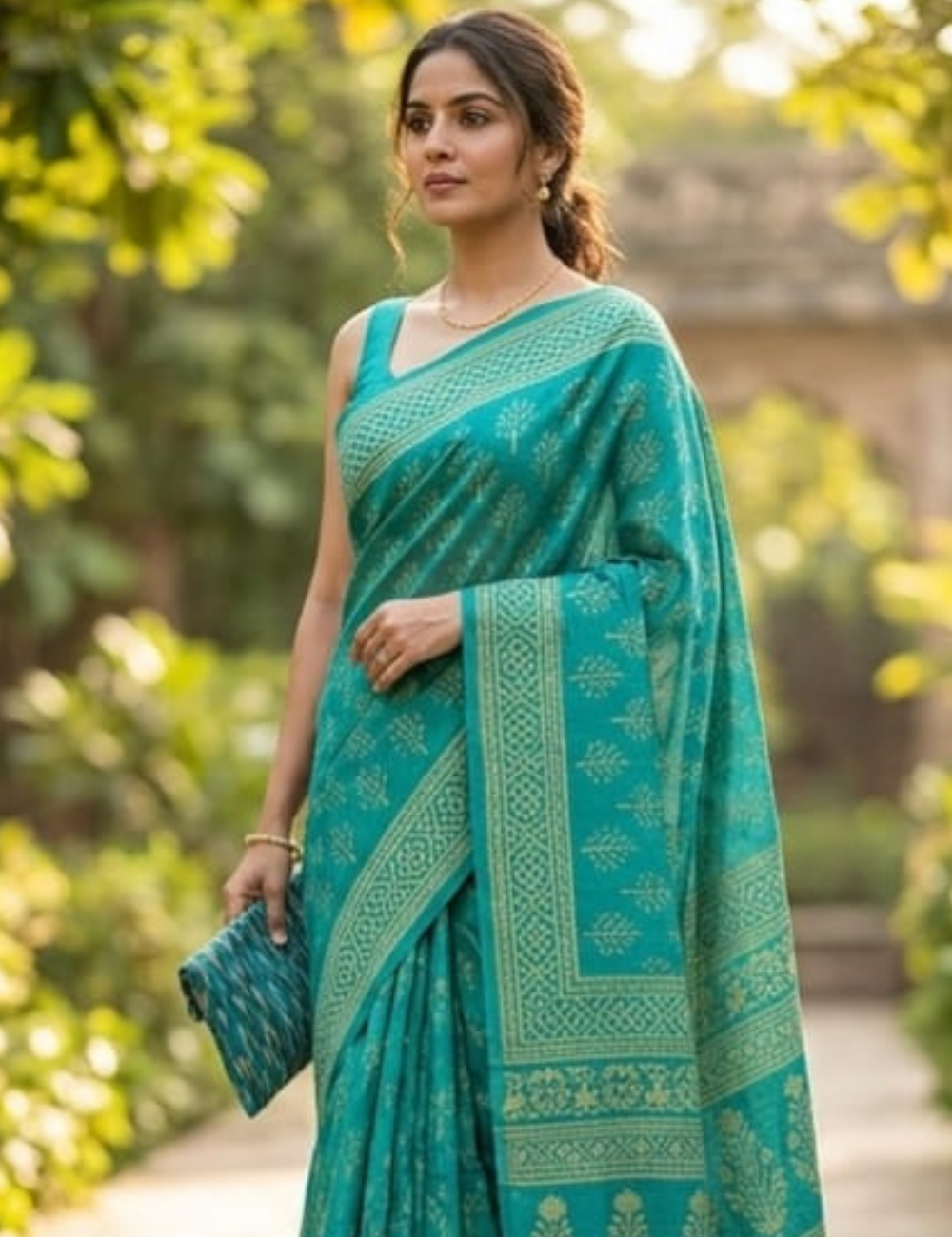 Azure Blue Hand Block Print Cotton Saree