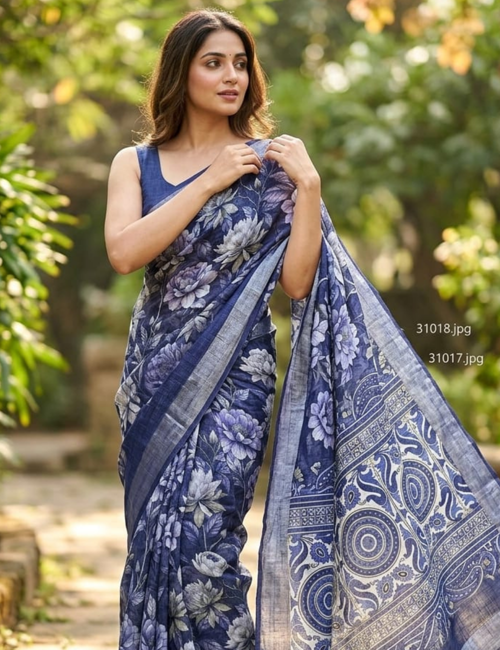 Indigo and Violet Floral Fancy Cotton Saree with Silver Zari Border