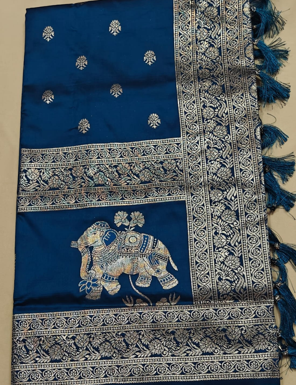 Dark Blue and Golden Zari Elephant Motif Sari