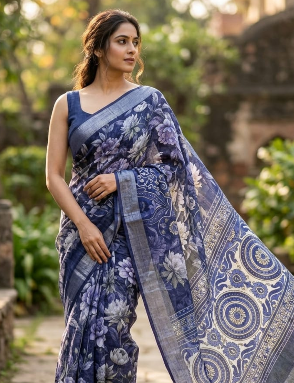 Indigo and Violet Floral Fancy Cotton Saree with Silver Zari Border
