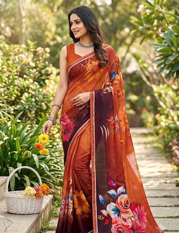 Brown Saree with Vibrant Floral Prints