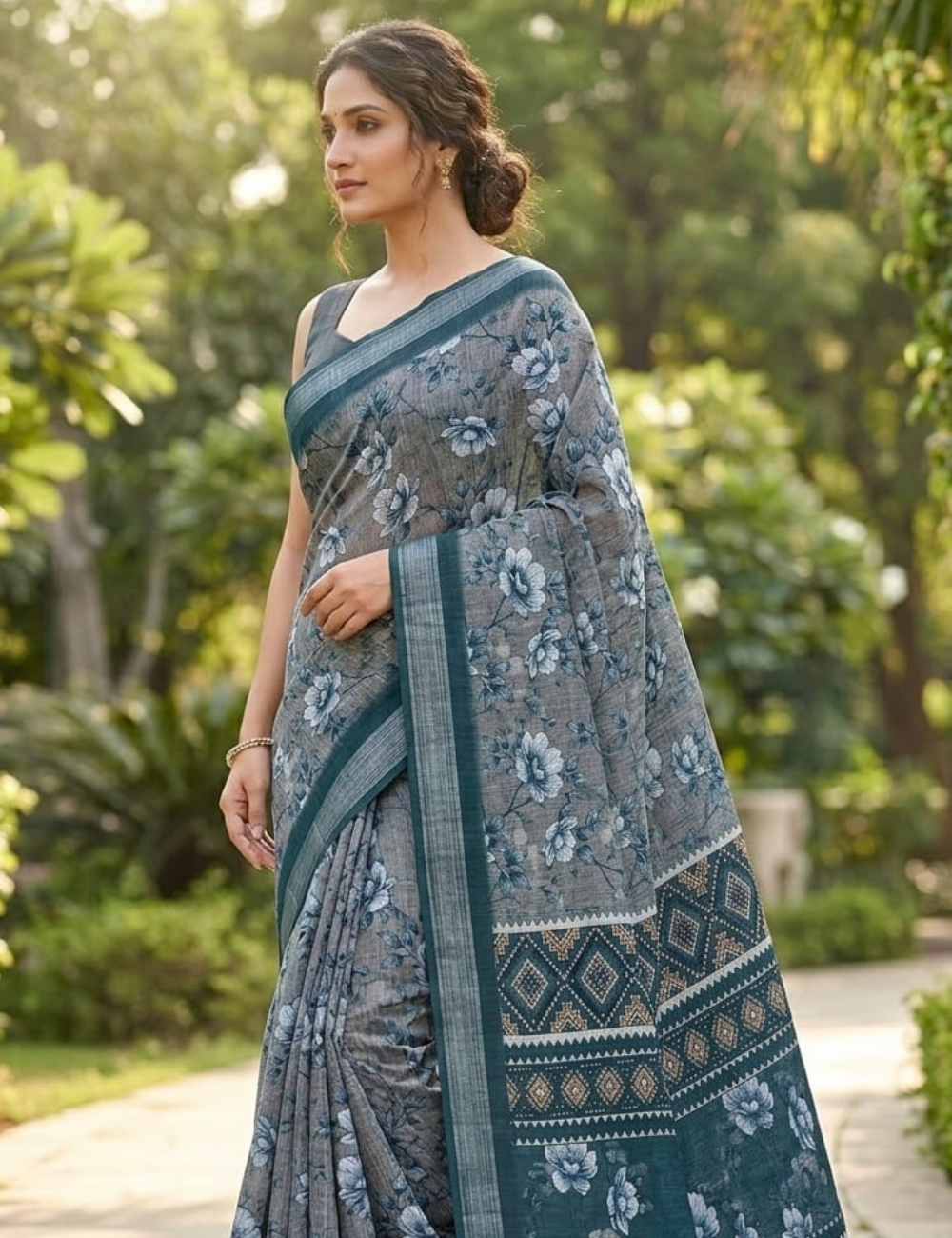 Elegant Floral Digital Print Fancy Cotton Saree