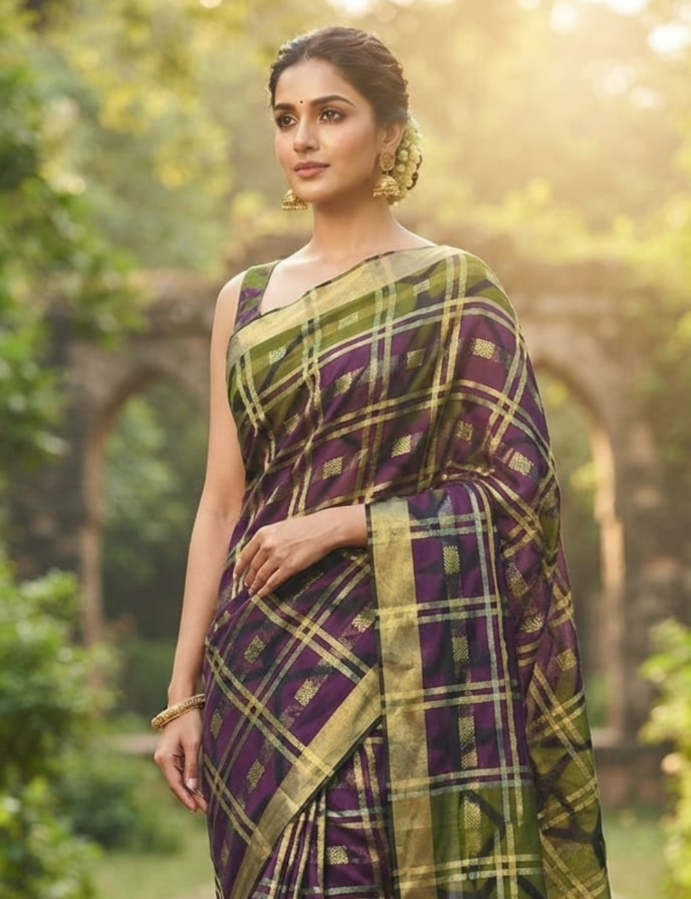 Green and Purple Geometric Checkered Sari