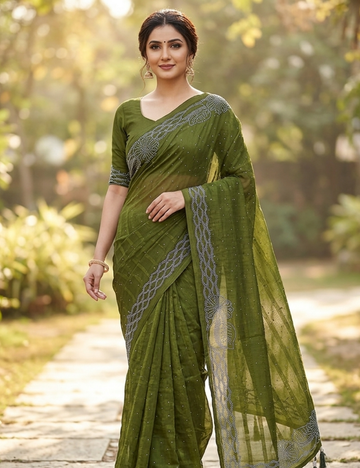 Purple Saree with White Bead Leaf Embroidery