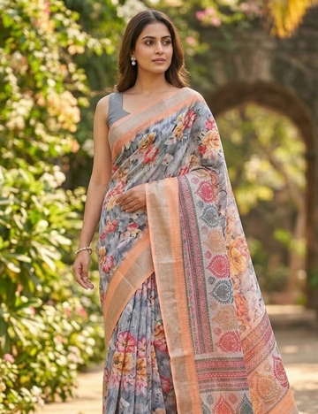 Elegant Floral and Paisley Printed Fancy Cotton Saree