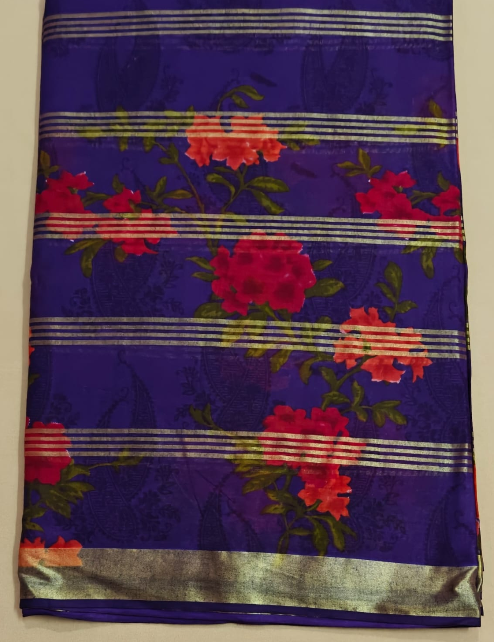 Royal Purple Cotton Sari with Vibrant Floral Prints and Metallic Stripes
