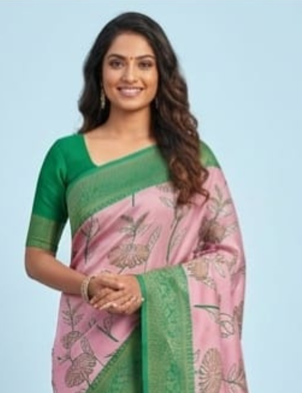 Elegant Pink and Green Floral Saree with Traditional Border