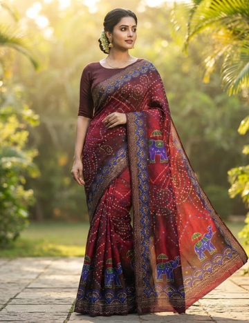 Traditional Maroon Bandhani Print Cotton Saree with Elephant Motifs