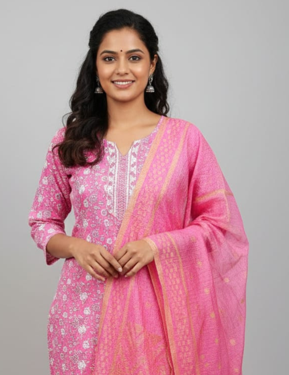 Elegant Rose Pink Floral Printed Kurta Set with Dupatta