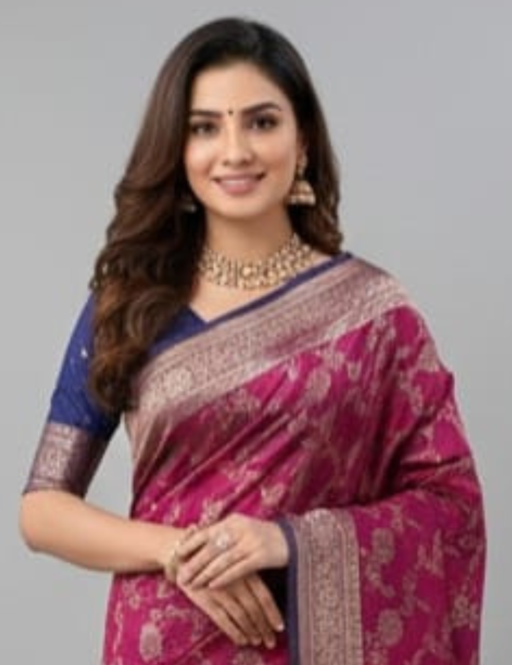 Magenta Silk Blend Saree with Antique Gold Floral Weaving & Royal Blue Contrast Border