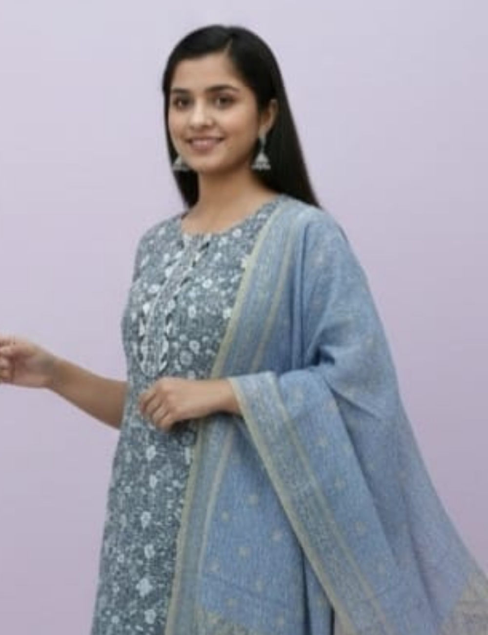 Elegant Grey Printed Kurta Set with Dupatta