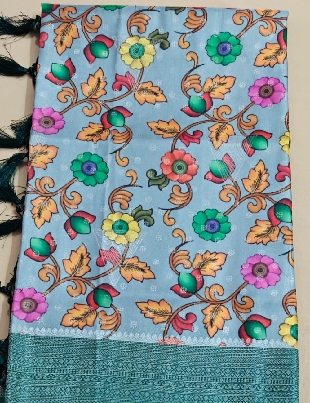 Elegant Teal Border Floral Print Tissue Silk Saree