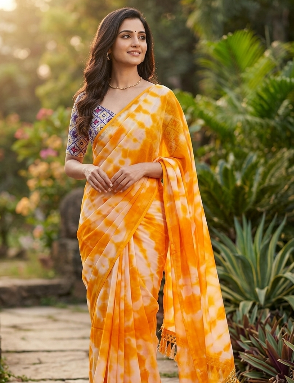 Trendy Tie-Dye Green Saree with Tassel Border