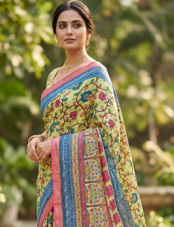 Lime Yellow Kalamkari-Inspired Floral Digital Print Saree with Contrast Zari Border with Blouse