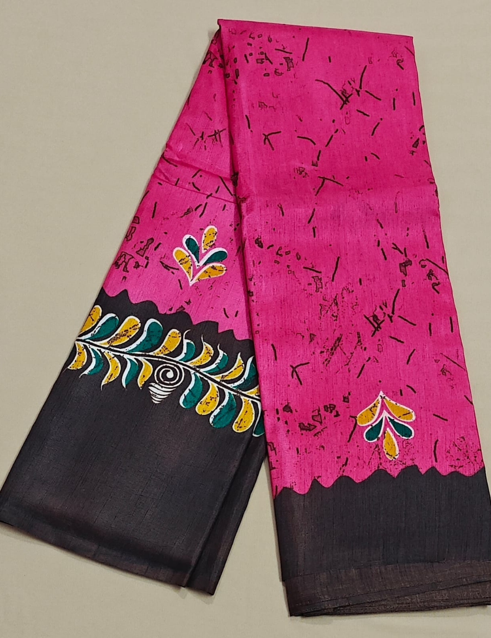 Pink & Charcoal Hand-Painted Dola Silk Saree