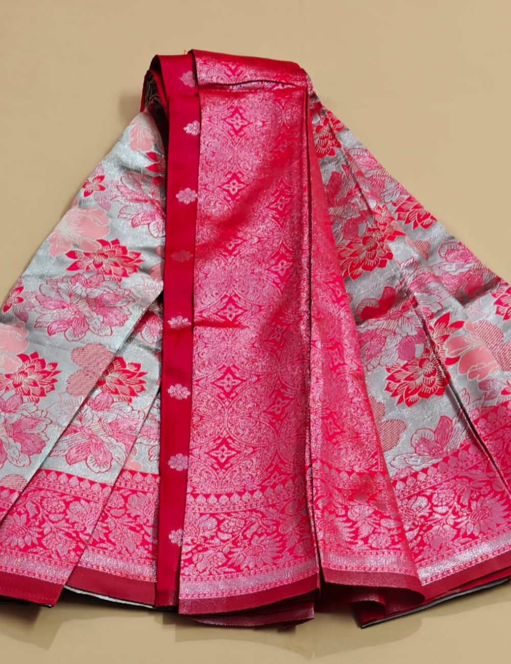 Elegant Silver and Pink Floral Designer Saree