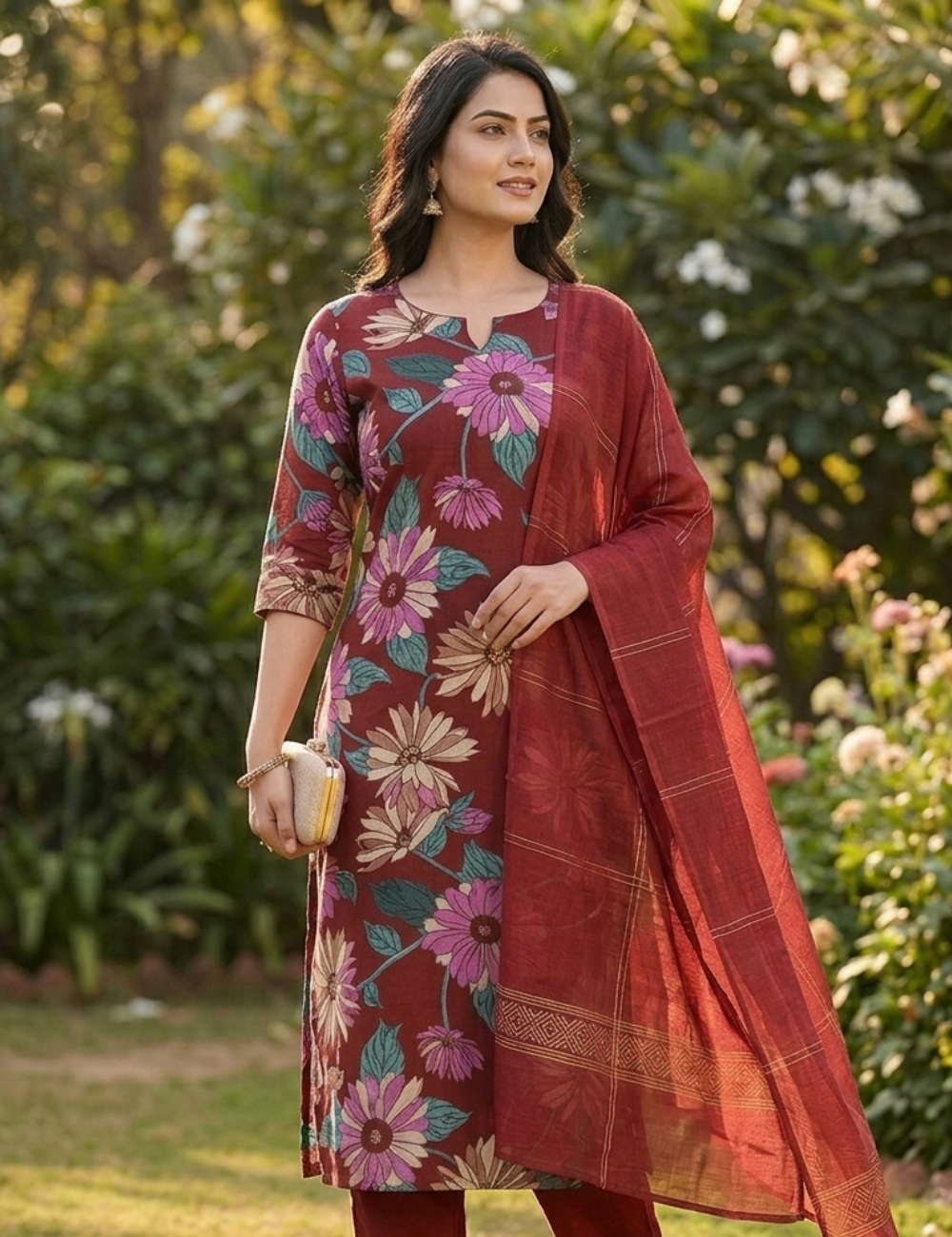 Maroon Floral Printed Kurta Set with Matching Dupatta