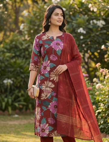 Maroon Floral Printed Kurta Set with Matching Dupatta