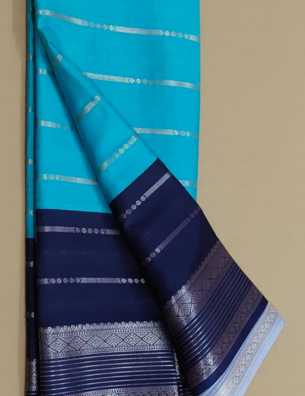 Turquoise Blue and Dark Blue Dual-Tone Zari Striped Mysore Soft Silk Sari