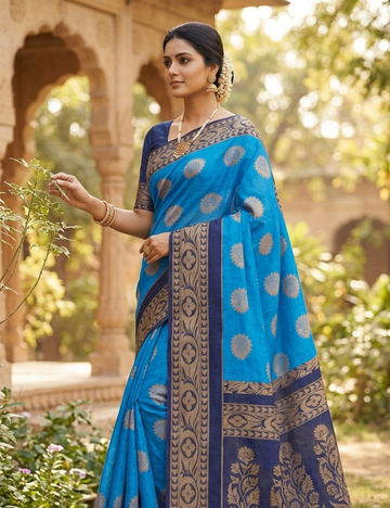 Royal Blue Cotton Saree with Elegant Motifs & Contrast Border