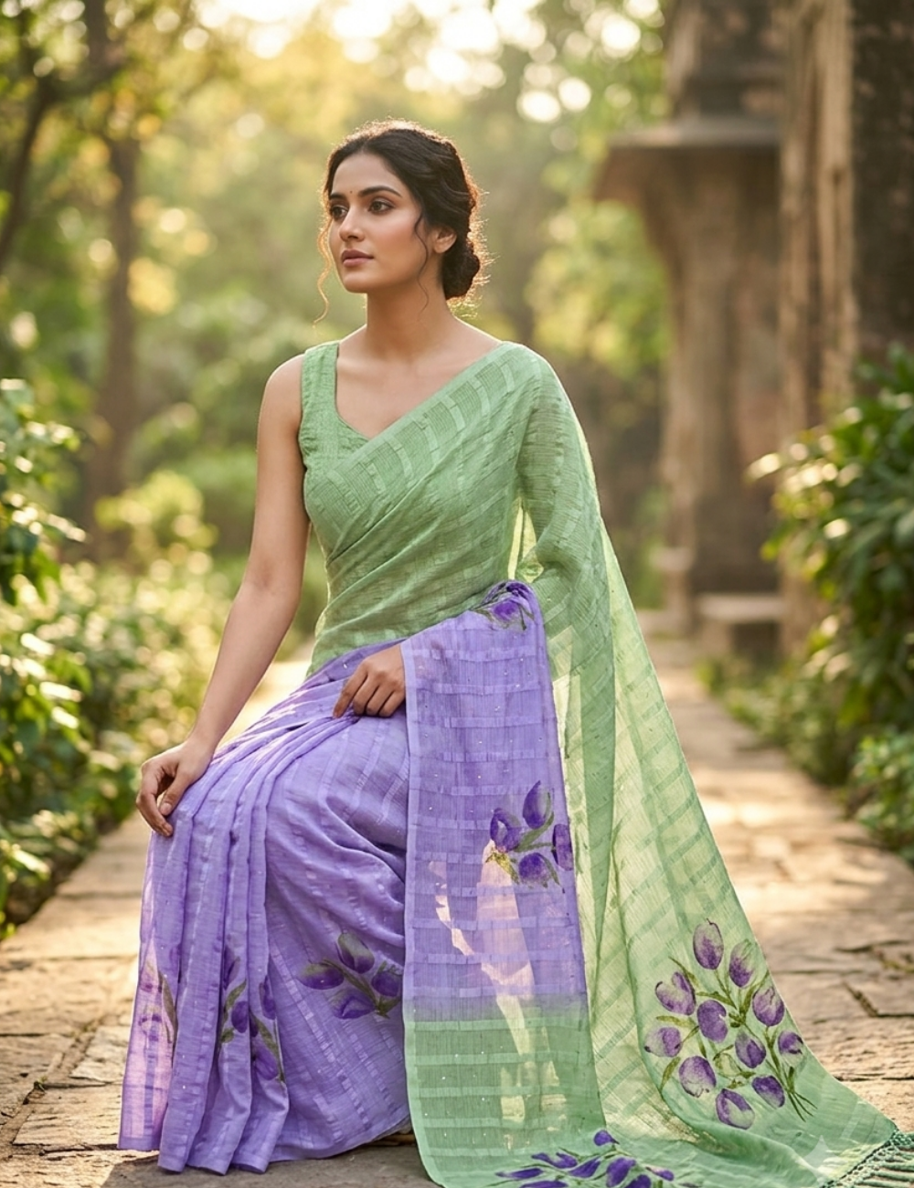 Graceful Lavender Saree with Contrast Green Floral Pallu